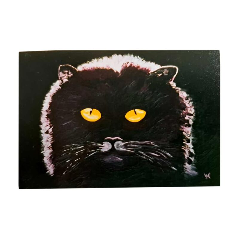 Ölbild einer schwarzen Katze mit leuchtenden gelben Augen