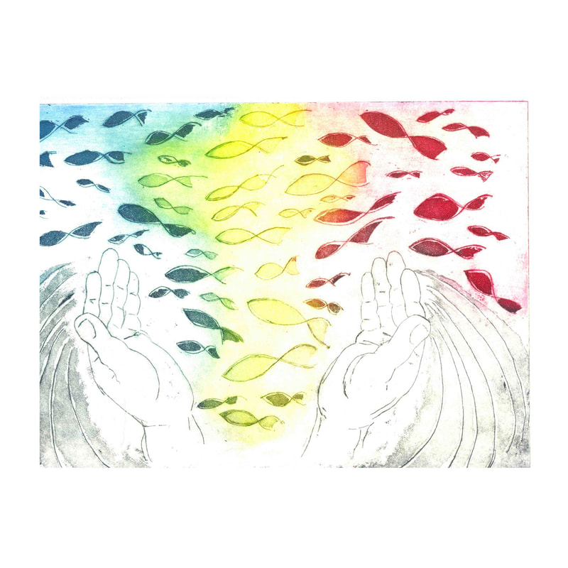 Kolorierte Radierung, die 2 Hände und Fische in Regenbogenfarben zeigt