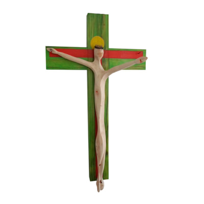 Christuskreuz Skulptur Wandkreuz Kreuzmeditation Ich bin der Weg Johannesevangelium Fichtenholz Apfelholz Ölfarben Draht Dornen